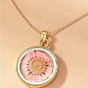 Pink Daisy Dried Flower Gold enclosed Necklace